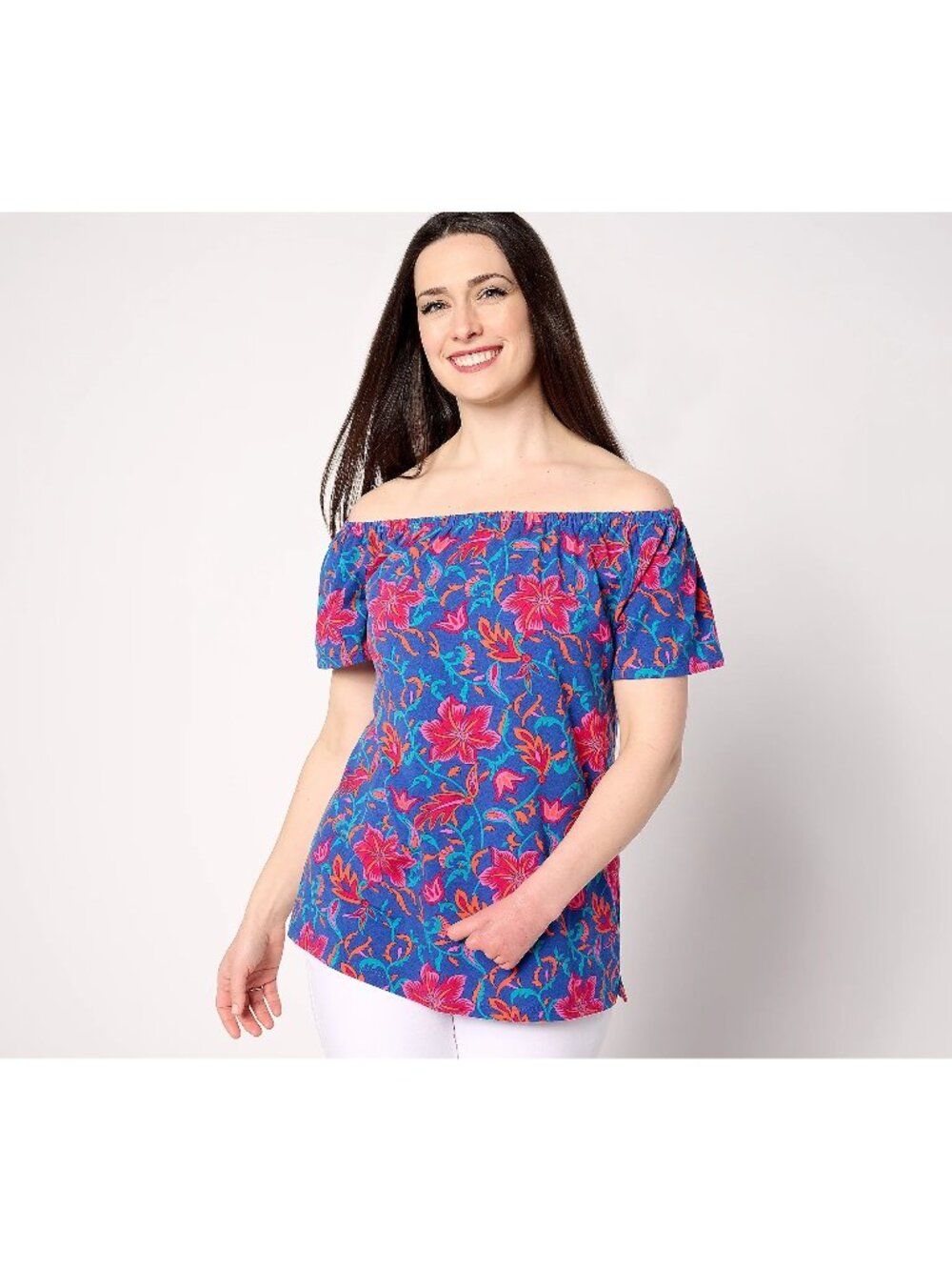 Denim and Co Top Size 1X Favorite Jersey Off Shoulder Flutter Sleeve Printed NEW